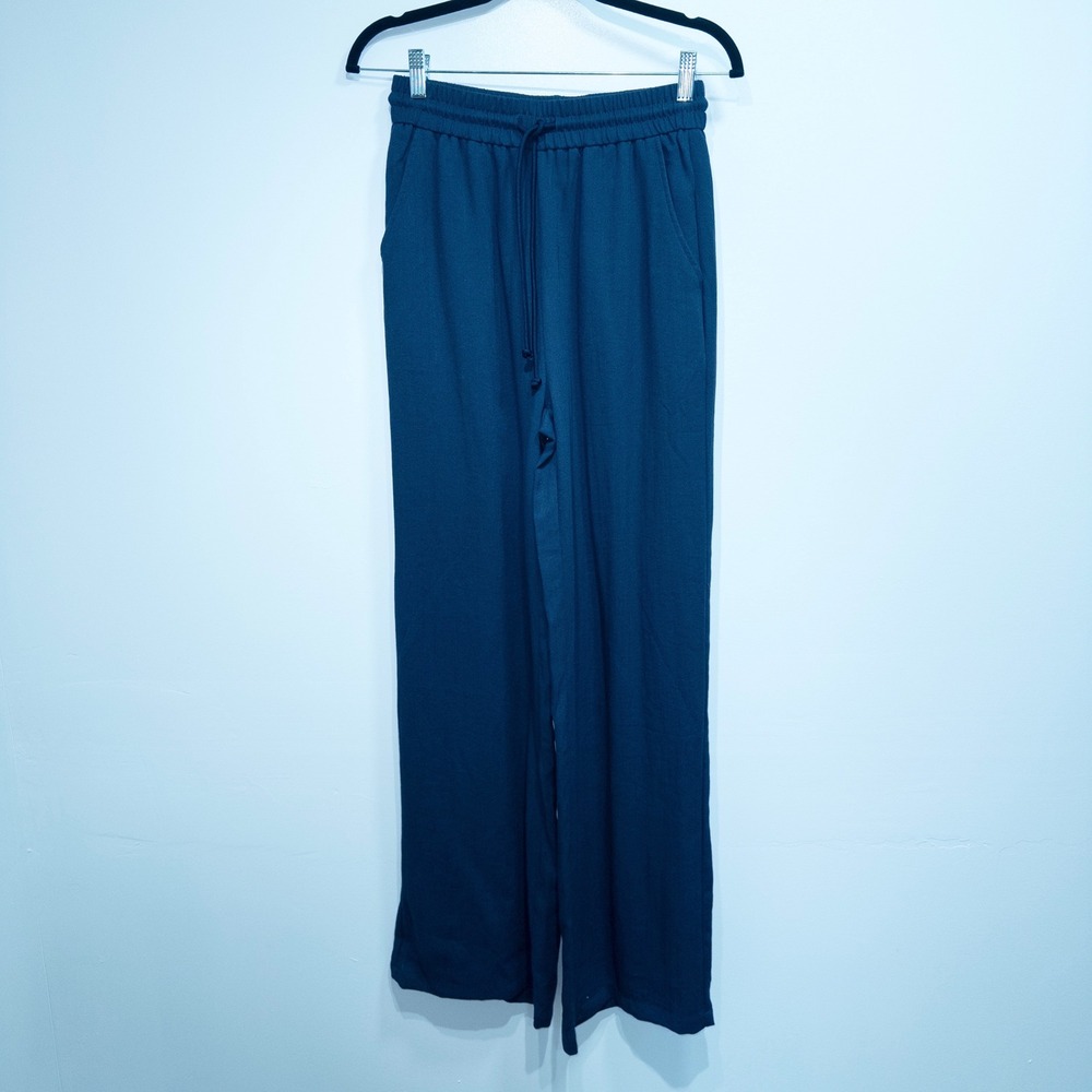 New Halara Navy Blue High Waisted Pocket Wide Leg Linen-Feel Pants Small Tall - Picture 2 of 7